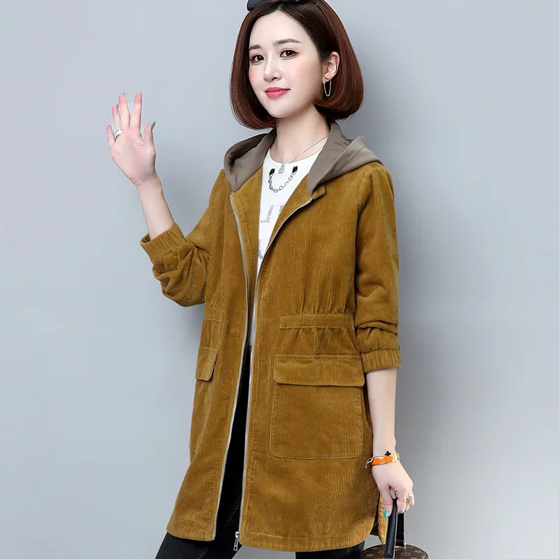 

Middle-aged mother Corduroy Trench Coat Autumn Winter 2021 New Loose Temperament Long Outwear Hooded Casual Female Windbreaker