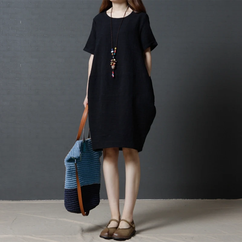 Женское свободное платье в Корейском стиле из хлопка и льна однотонное черное с