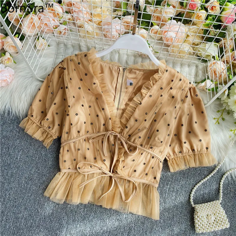 

Bornsra Pink Strawberry Mesh Sexy V Neck Blouses 2020 Woman New Summer Puff Sleeve Blusa Shirts Casual Sweet Tops Female