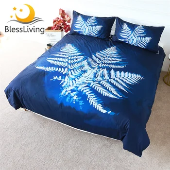 BlessLiving Leaf Bedding Set Watercolor Duvet Cover Dark Blue Plant Energy Bed Linen White Leaves Comforter Cover Set 3-Piece 1