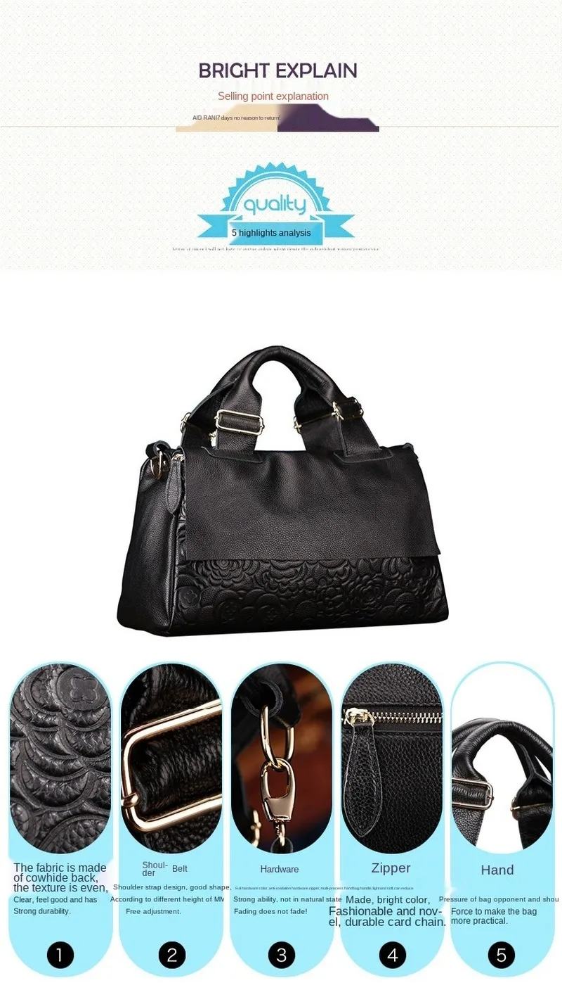 

women bag Rose flower First layer cowhide Trendy High capacity Handbag ladies bag shoulder messenger bag Simple everyday