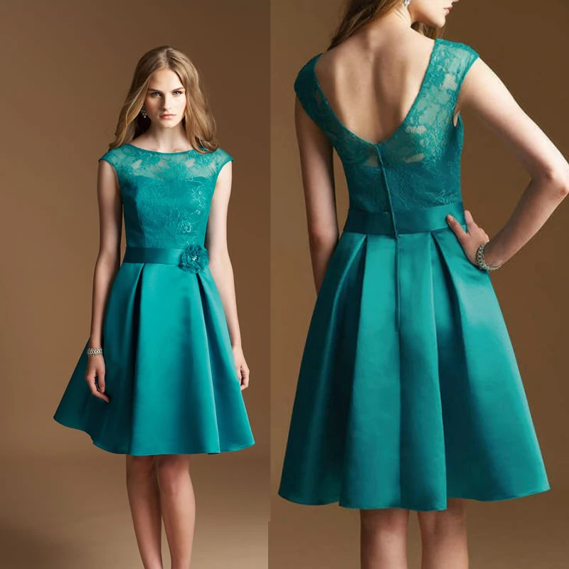 

Boat Neck Low Back Teal Knee Length Satin A-line Lace Illusion Neckline Cap Sleeve Bridesmaid Dresses Free Shipping New Fashion