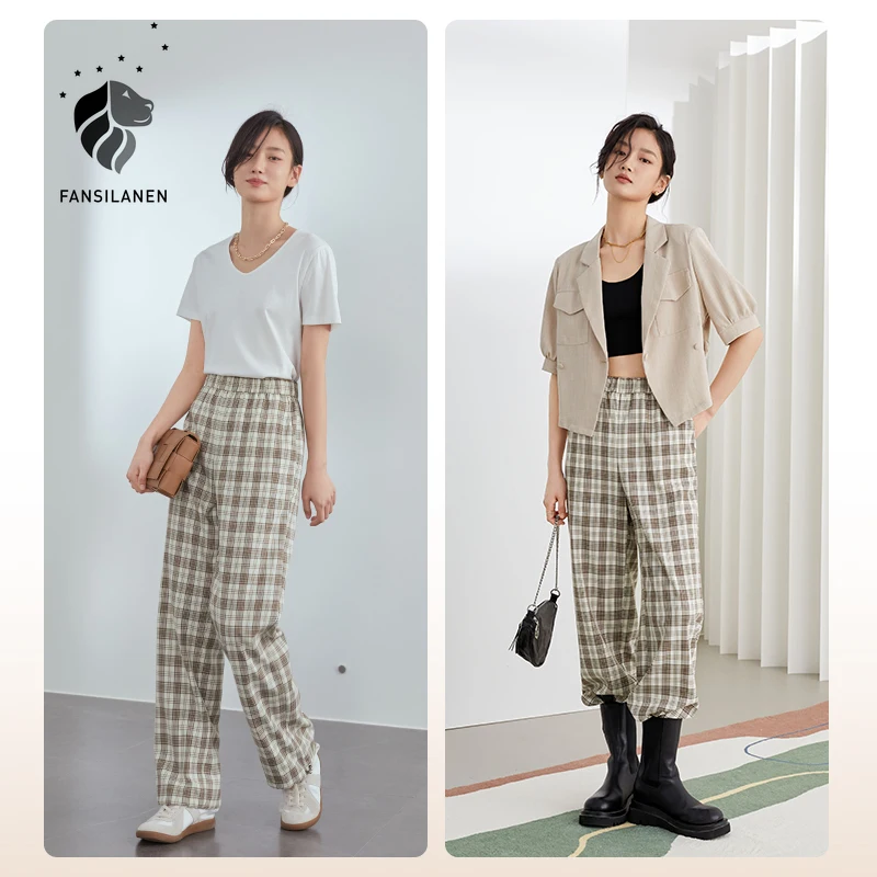 

FANSILANEN Office Lady Plaid Pants Women 2021 Summer High Waist Straight Loose Casual Pants Drawstring Drawstring Sweatpants