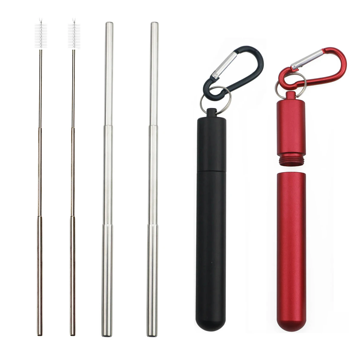 silver black red Складная телескопическая металлическая соломинка из нержавеющей стали 304, портативная соломинка для питья, для путешествий, кемпинга, многоразовая соломинка с чистящей щеткой - Цвет: silver black red