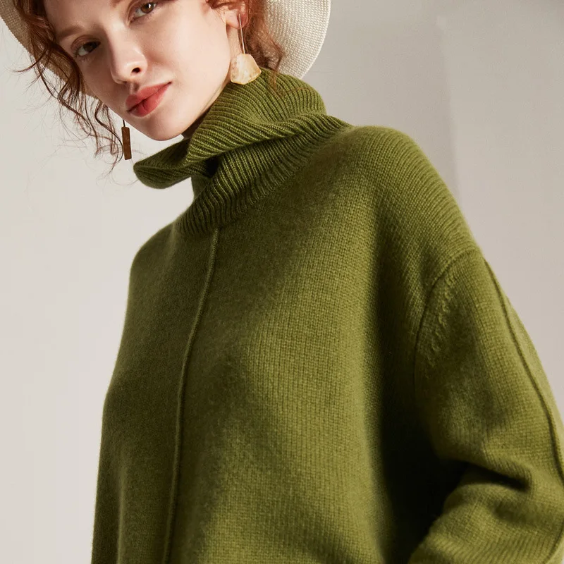 

Korean Oversized Pullover Turtleneck Loose Style 100% Cashmere Base Knit Sweater Asymmetry Warm Sweaters for Women