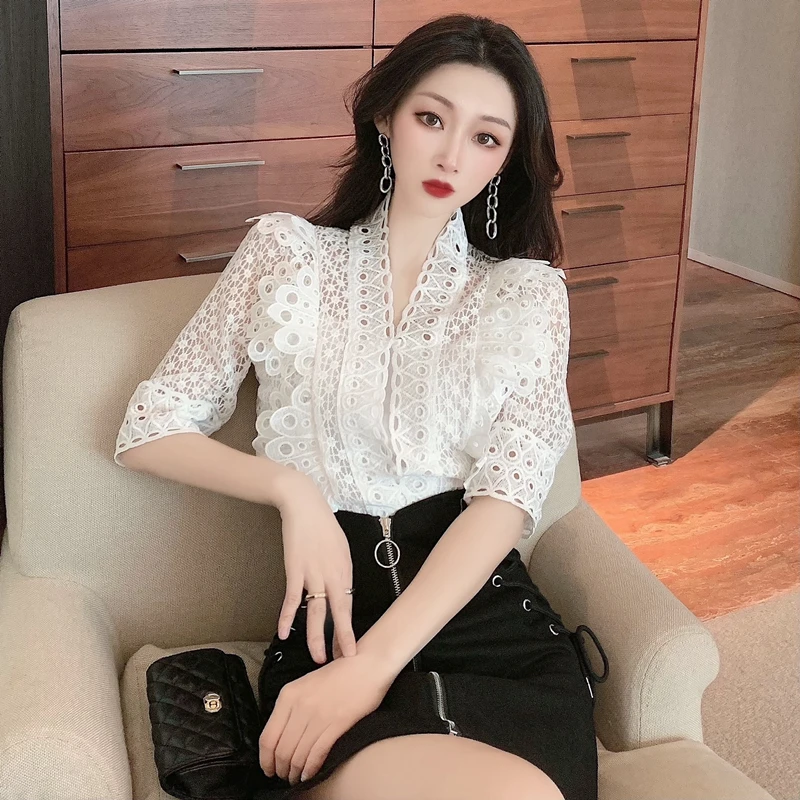 

Korean Version Of Vintage Fashion Hollow Out Ruffles V-Neck Women's Clothing Summer Slimming Short-Sleeved Lace Embroidered Tops