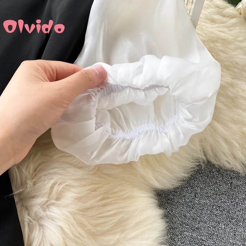 

Retro Elegant French Dress Summer New Bubble Sleeve Contrast Color Stitching Temperament Square Neck Slim Asymmetric Black Dress