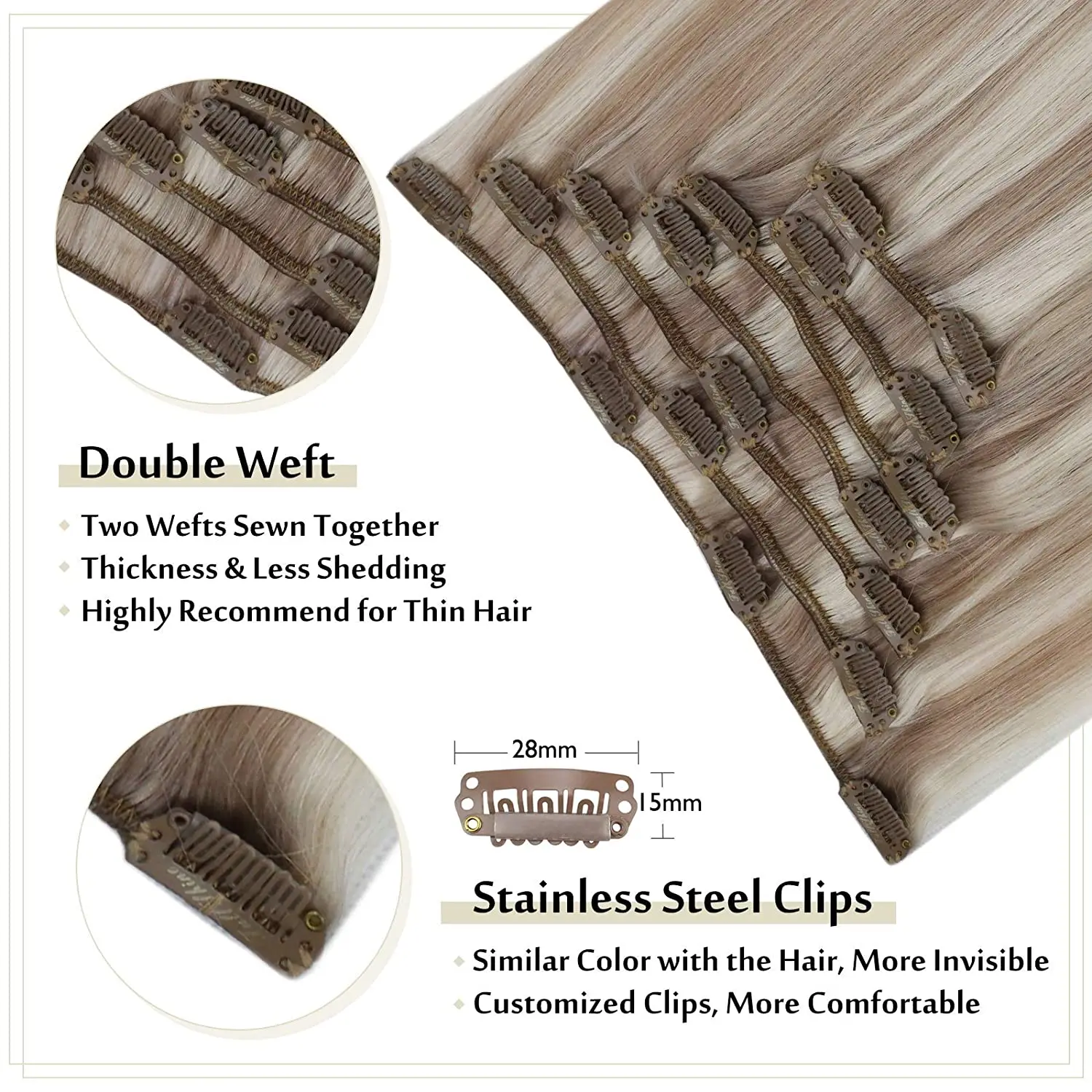 Полностью Сияющие волосы Remy на заколках для наращивания с двойным ворсом светлые