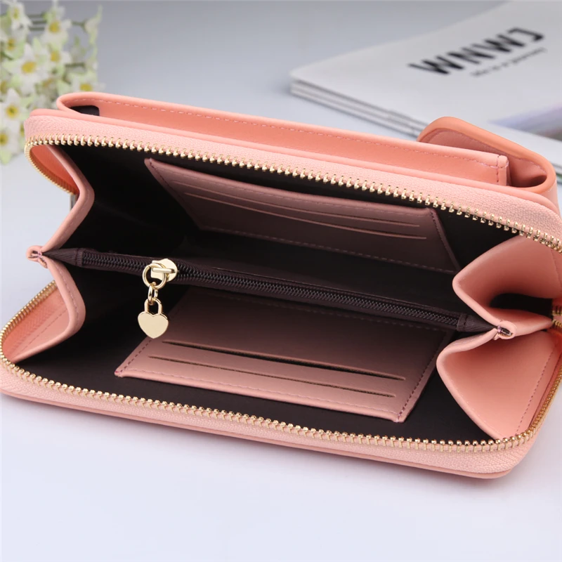 

2021 Women Wallet Solid Color Leather Shoulder Straps Shoulder Bag Mobile Phone Big Card Holders Wallet Handbag Pockets girls