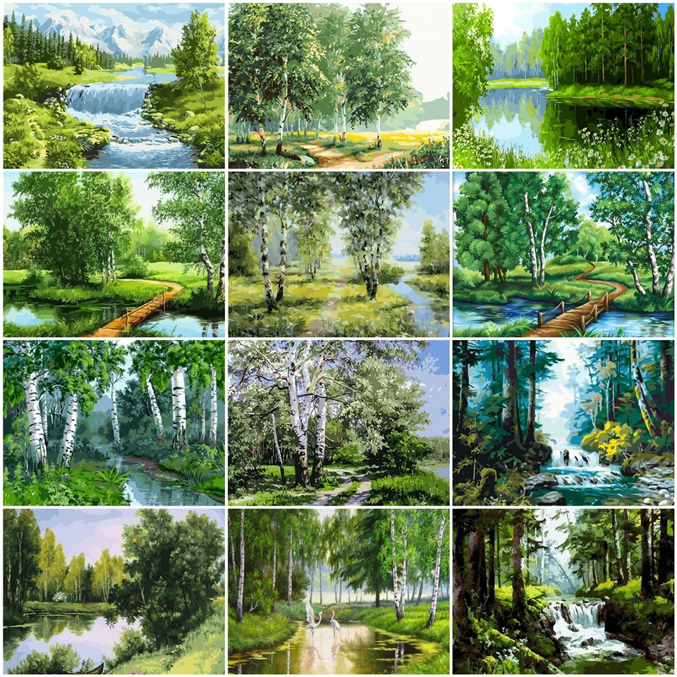 

AZQSD Oil Painting By Numbers Natural Landscape DIY Handpainted Gift Unframe Coloring By Numbers Canvas Forest Home Decoration