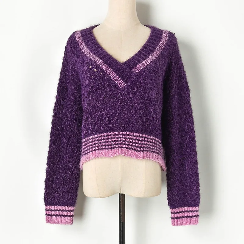 Женский укороченный свитер из искусственной норки и кашемира фиолетовый