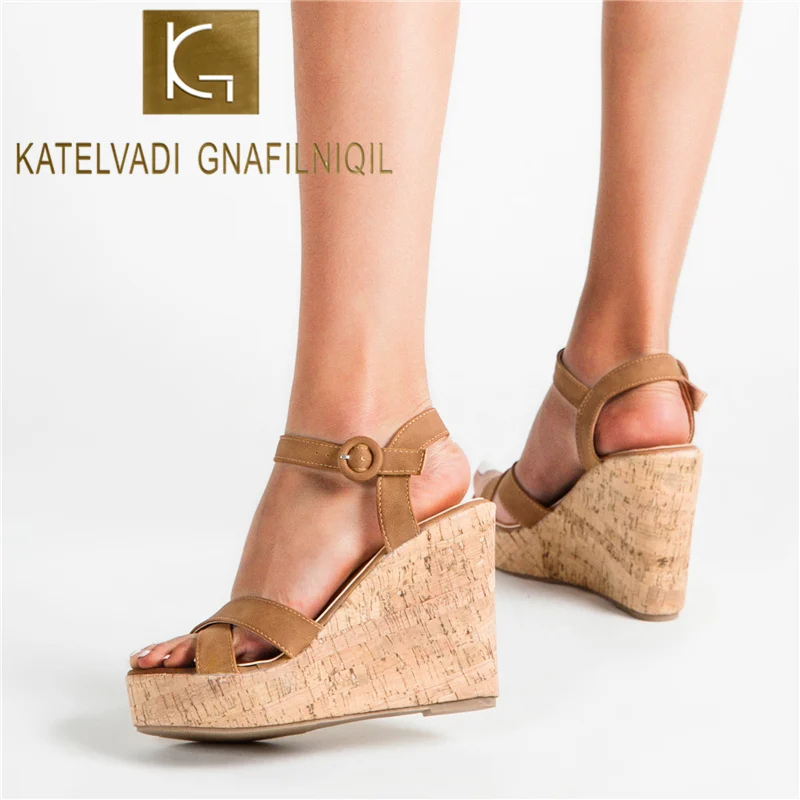 KATELVADI коричневый клинообразные летние сандалии для женщин открытый носок очень
