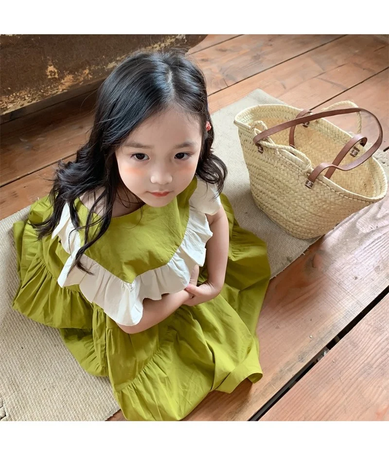 

Summer girls fashion loose vest dresses 2021 Korean style kids patchwork big turn-down collar sleeveless princess dress