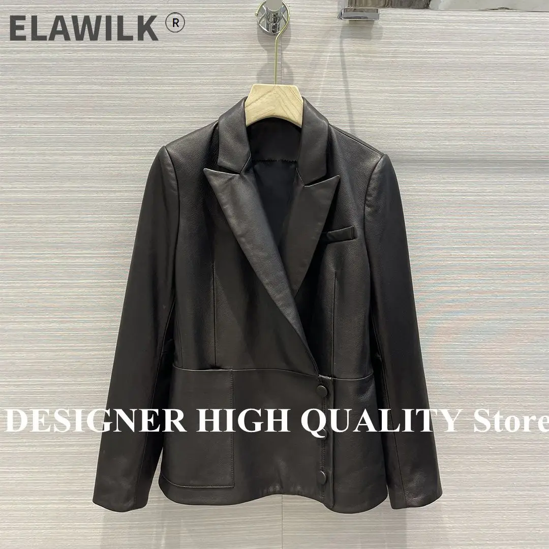 

Office Lady Elegant Sheepskin Blazer Jacket Notched Single Breasted Black Chic Genuine Leather Coat Women's Outwear