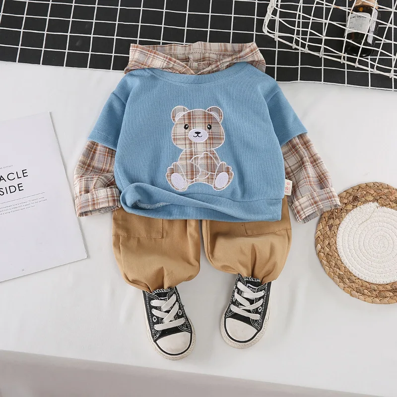 Su&eacute;ter de manga larga con capucha para ni&ntilde;os y ni&ntilde;as, traje de dos piezas de manga larga con capucha de oso para primavera-1