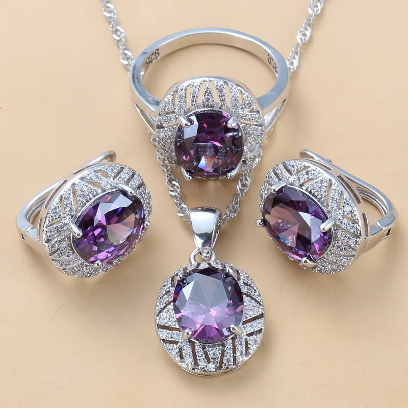 Высокое качество, натуральный австрийский кристалл, романтичный женский свадебный костюм, 925 пробы, серебряные большие ювелирные наборы для женщин, клипсы, серьги, ожерелье и кольцо, свадебные наборы - Окраска металла: Purple  3PCS