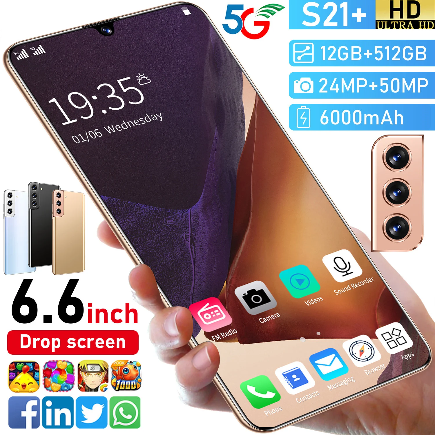 

Smartphone Samsum S21+ Global Version 6.6 Inch 512GB 6000mAh Android 10 GPS Cellphone Mobile Phone Unlocked Dual SIM