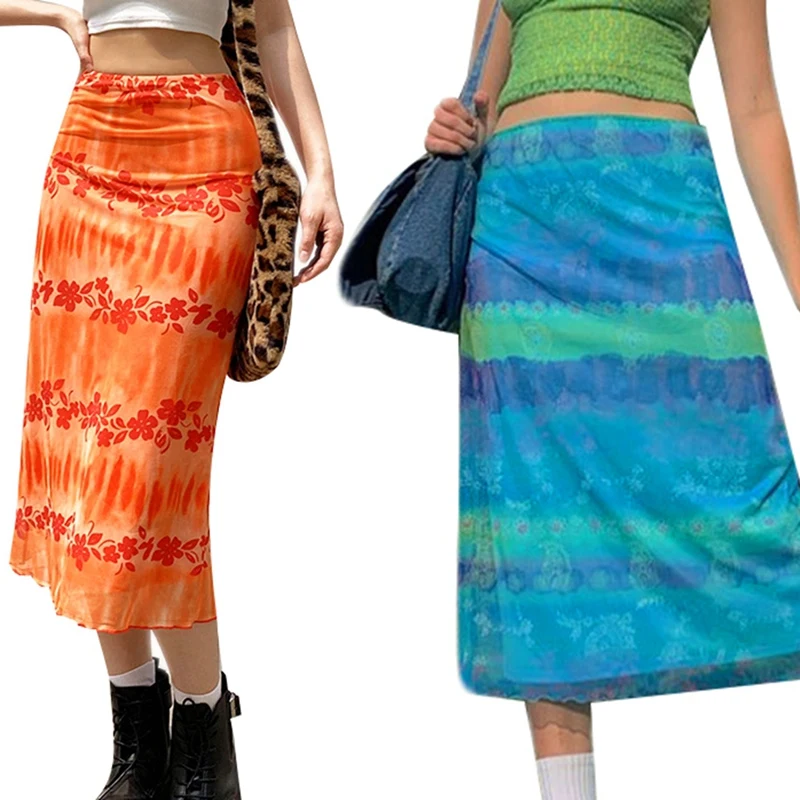 

2 Pcs Summer Floral Print Midi Skirts Womens High Waisted Skirt, Orange & Blue