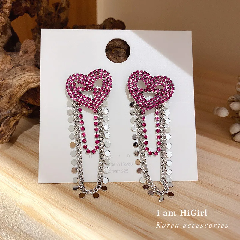 

Korea East Gate Fashion Simple Full Diamond Tassel Long Love Retro Atmosphere Earrings Women