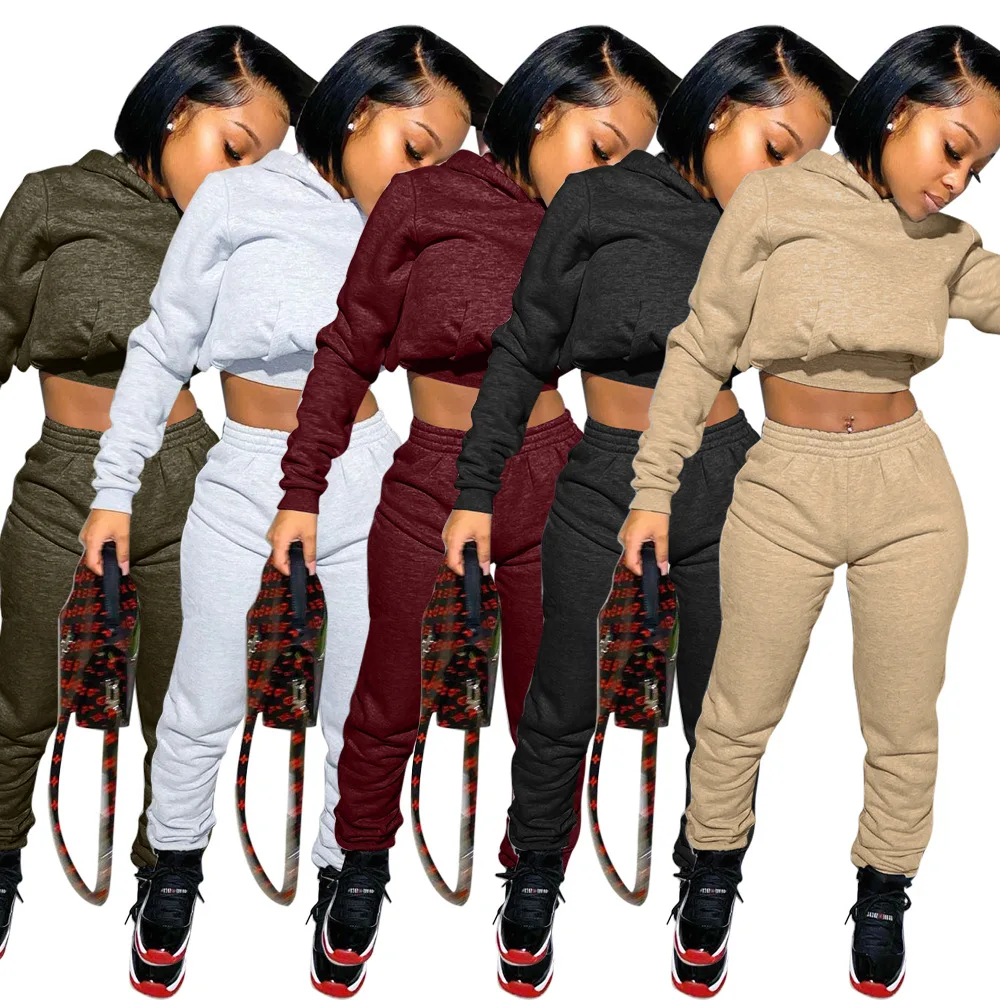 

Autumn and winter European and American women's solid color sweatshirt sports suit