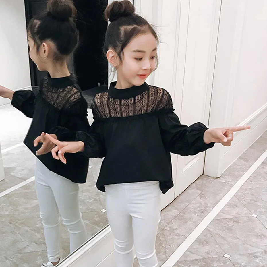 Белая блузка для девочек кружевные школьные рубашки с цветочным принтом