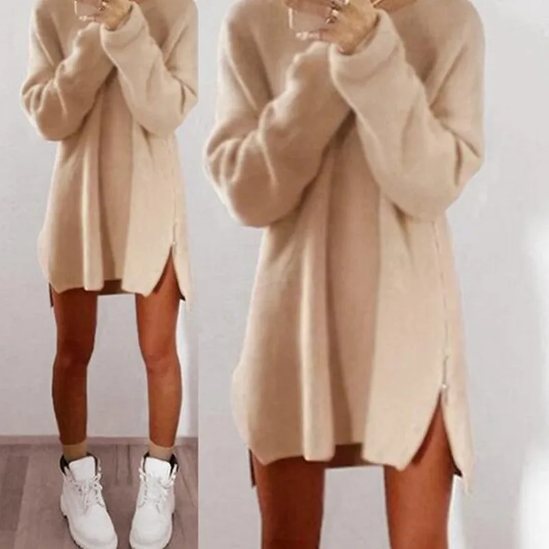

Women's sweaters Sexy Solid Color Long Sleeve O Neck Zip Loose Mini Sweater Dress Winter Knitwear Pullover Tops Christmas Gift