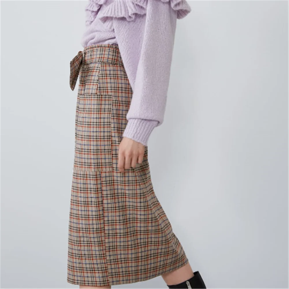 2020 ZA Весенняя Новая женская юбка модная с поясом клетчатая Бохо Женская