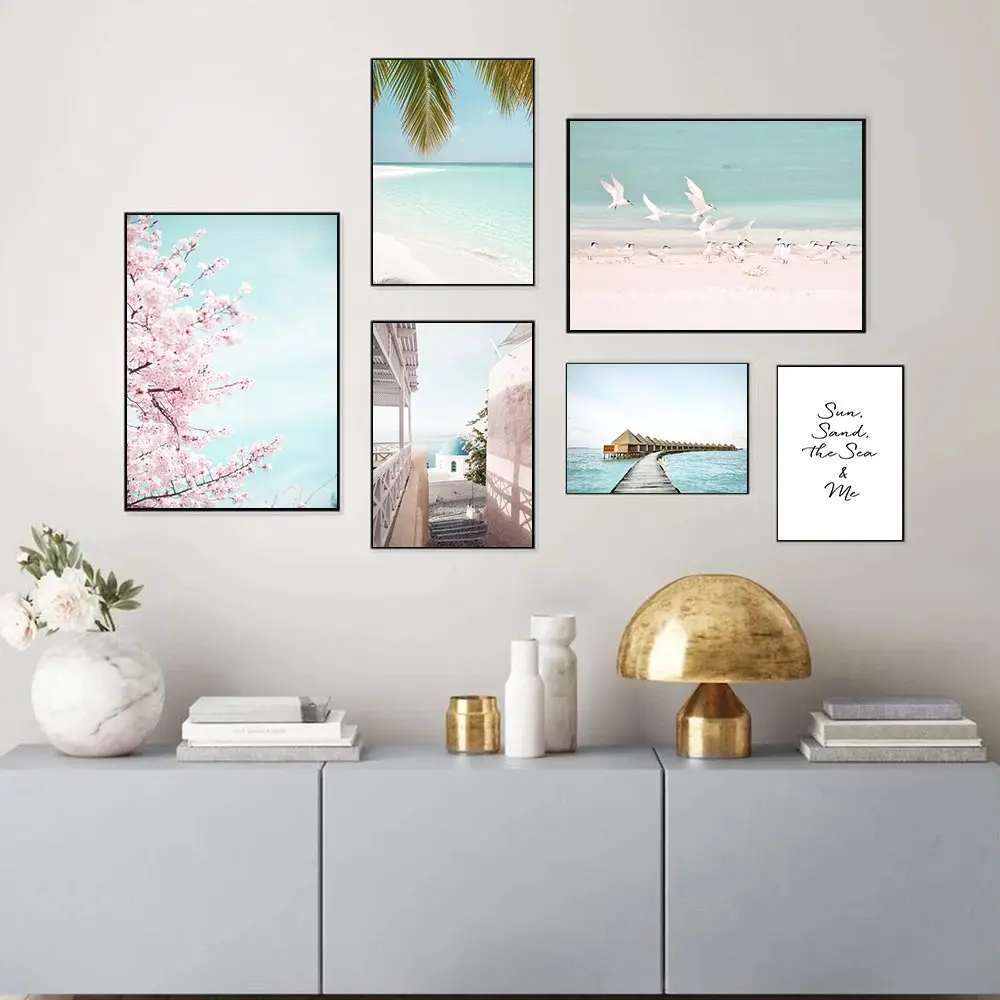 

Nordic Beach Sakura Poster Coconut Tree Sea Mew Prints Architecture Wall Art Canvas Painting Landscape Quotes Picture Home Decor