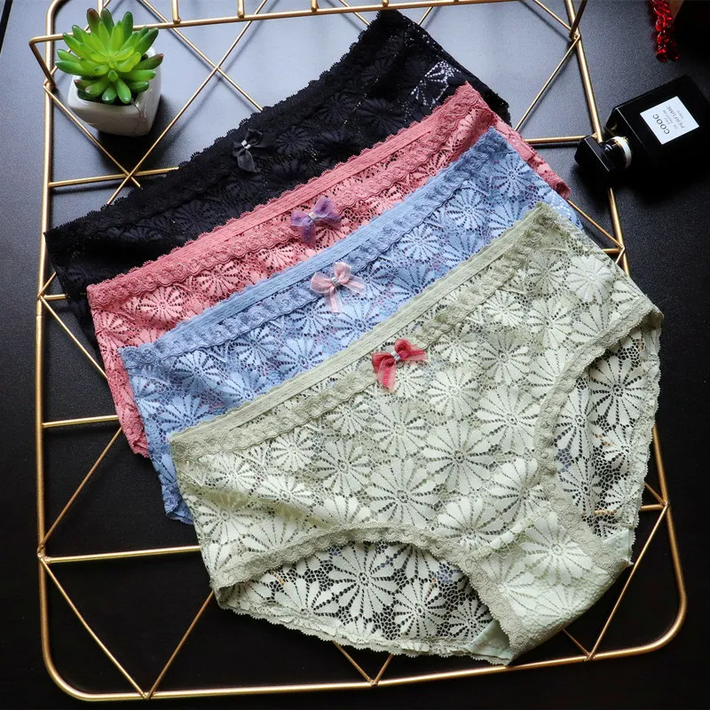 Японские прозрачные кружевные женские трусики с цветочным принтом низкой талией