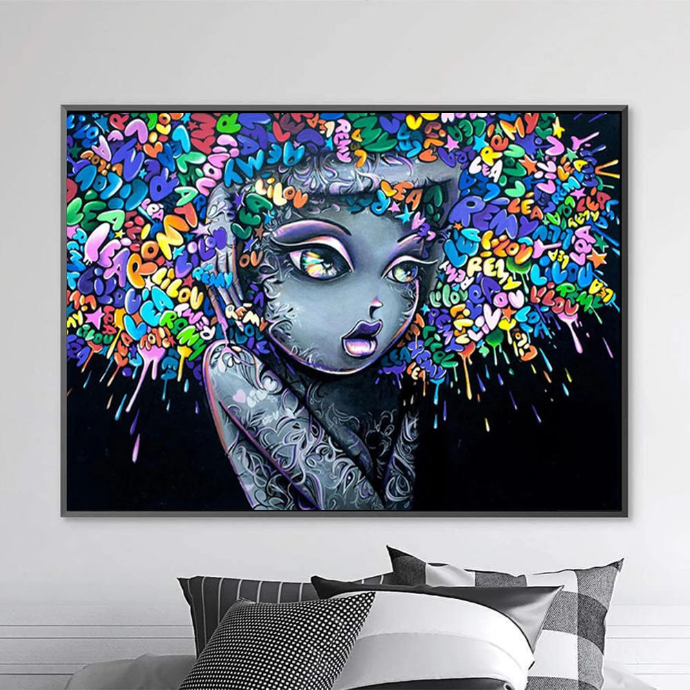 

African Girl Painted Cartoon Graffiti Art Canvas Hanging on The Wall Living Room Picture Pop Art Street Artist Home Decoration