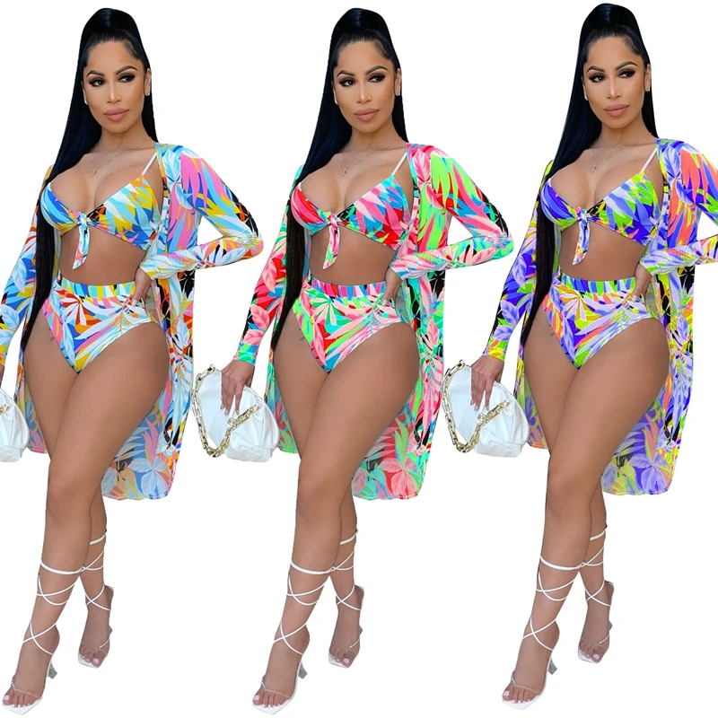 

Print 3 Piece Bikini Set Bandage Crop Top High Waisted Swimsuit Long Sleeve Cover Up Sexy Bathing Suit Summer Beachwear