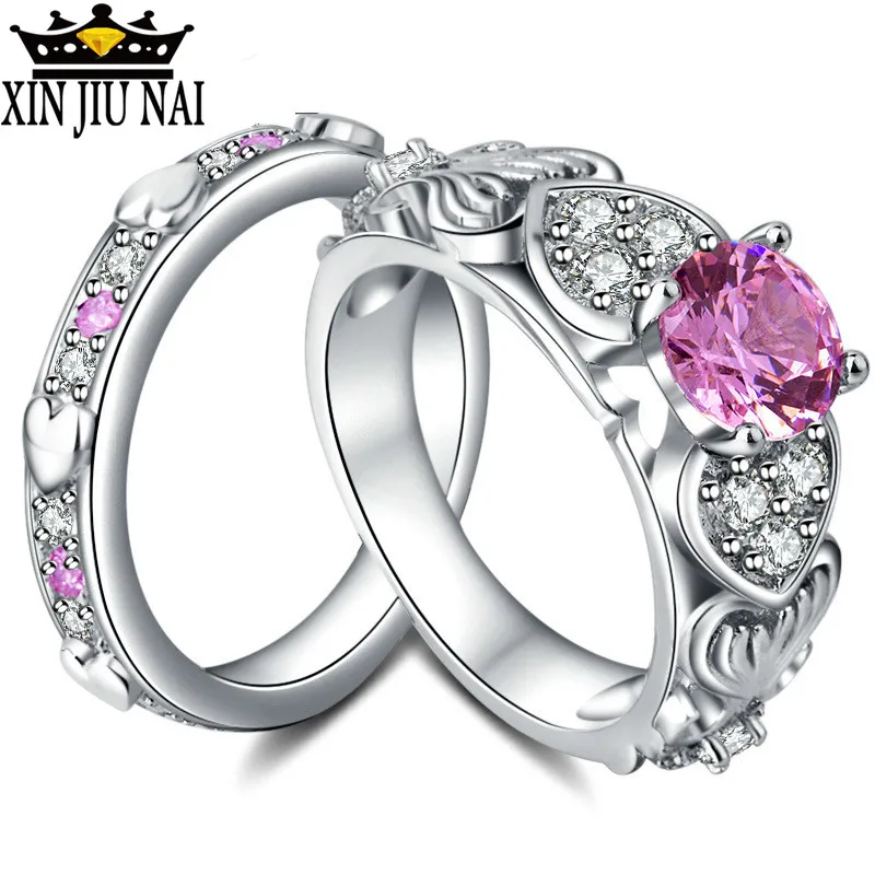 2/pc Romantic Heart Shape Crystal Engagement Wedding Ring for Women Pink/Red Gems Sets Ring for Anniversary Party Jewelry Gifts