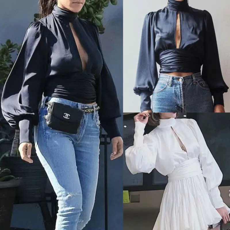 Женская модная офисная атласная блузка с длинным рукавом привлекательная