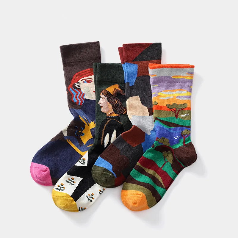 

KMS Trendy socks ins tassel cartoon net red skateboard street jacquard Harajuku socks for Women and Men 4 Pairs 4 Colors