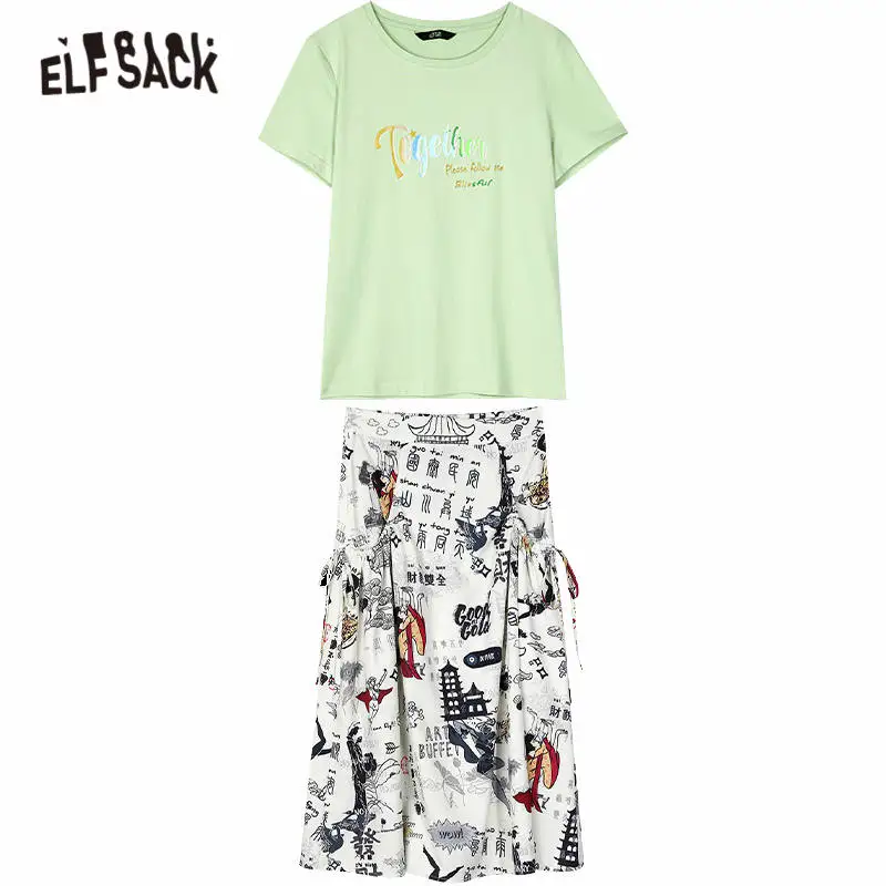 

ELFSACK Green Funny Graphic Print Casual Women Matching Sets 2020 Summer ELF Vintage Letter Korean Ladies Daily 2 Piece Suits