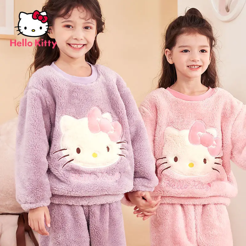 

Takara Tomy Hello Kitty Children's Pajamas Winter Girls Plush Kids Thickening Suit Warm Coral Fleece Baby Home Service