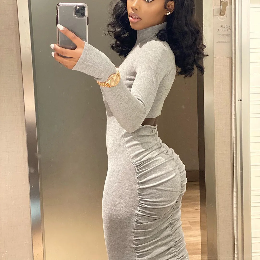 

Full Sleeve Slim Bodycon Dress O-Neck Back Hollow Out Ruched Midi Pencil Dresses Robe Skinny Elastics Sexy Women Party Vestidos