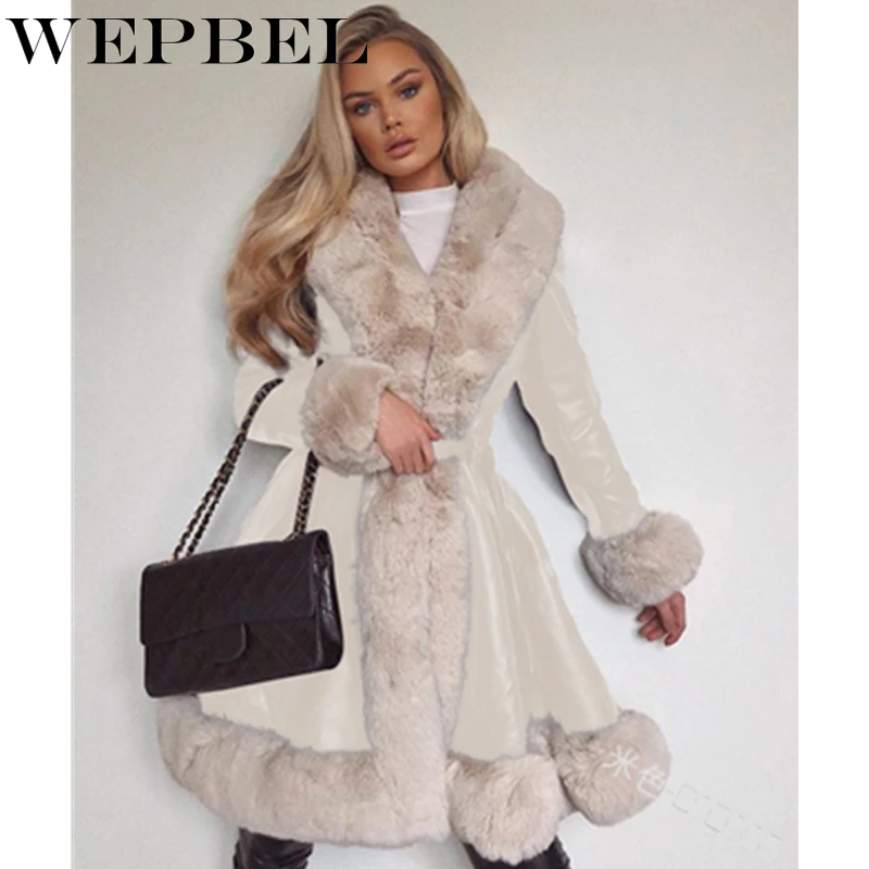 

WEPBEL Women Faux Fur Coats Winter Solid Fashion Open Point Outwear Female Luxury Long Sleeve Warm Thick Fluffy Jacket Coat