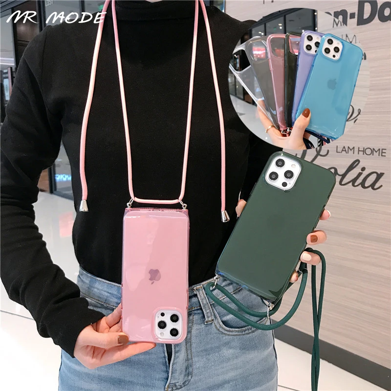 

Luxury Crossbody Necklace Cord Lanyards Rope Transparent Colorful Phone Case For iPhone 12 11 Pro Max Mini Soft TPU Back Cover