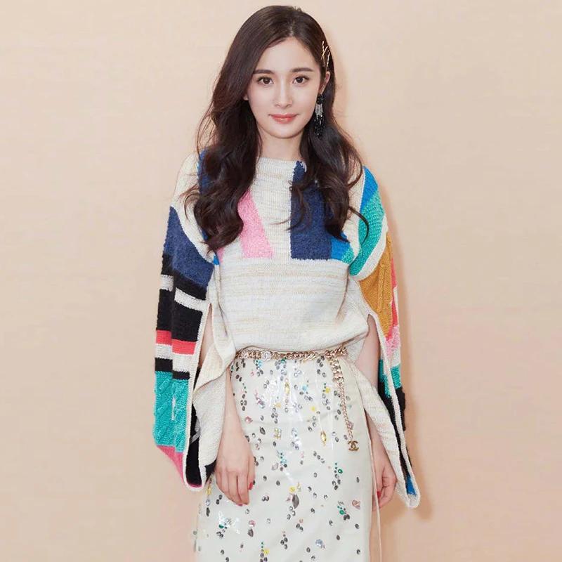 2019 Runway Brand Designer Women Long Sleeve Geometric Patchwork Knitted Sweater autumn Oversized Split Flare Pullover | Женская одежда