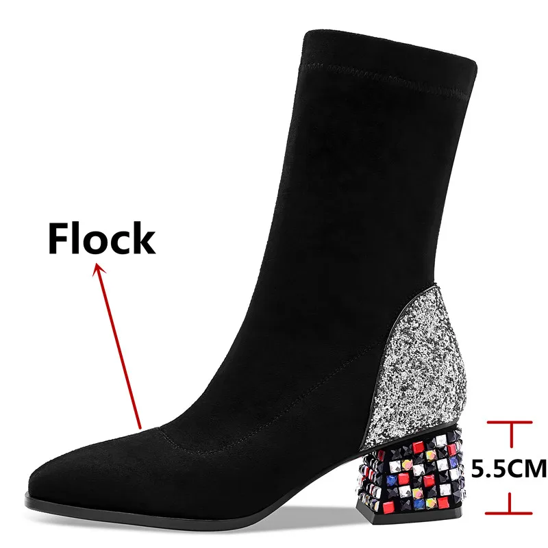 Женские короткие ботинки FEDONAS замшевые на высоком каблуке со стразами вечерние с