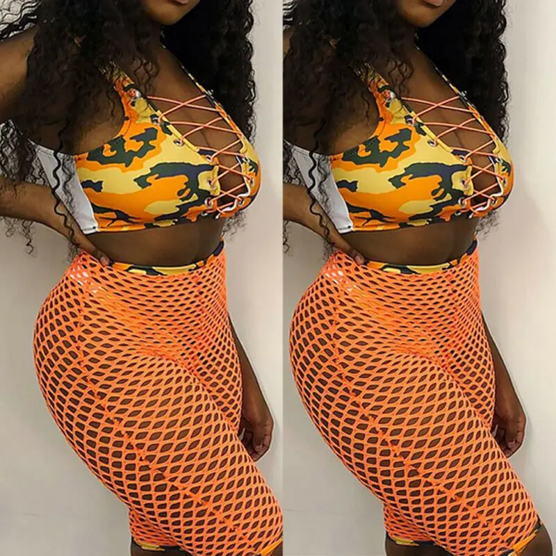 

Summer Women Bandage Bikini Set 2020 Geometric Printed Tops Fishnet Shorts Push-up Padded Swimsuit Swimwear 3Pcs Bathing Suits