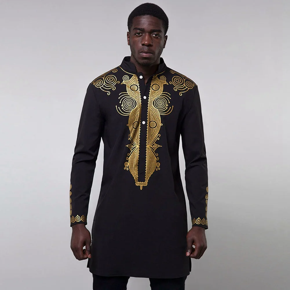 Opslea Dashiki африканская Мужская рубашка с длинным рукавом и стоячим воротником Bazin Riche с национальным этническим принтом Одежда Повседневная приталенная рубашка