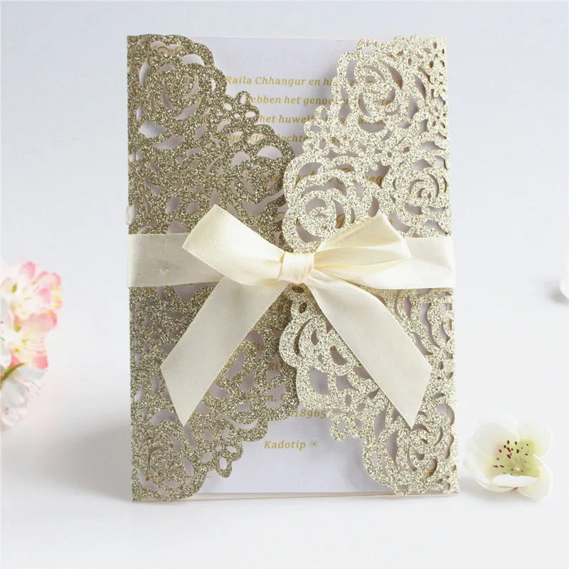 (10 pieces/lot) Luxury Glittery Silver Laser Cut Rose Wedding Invitation Card With Ribbon Birthday Quinceanera Cards IC055 | Дом и сад