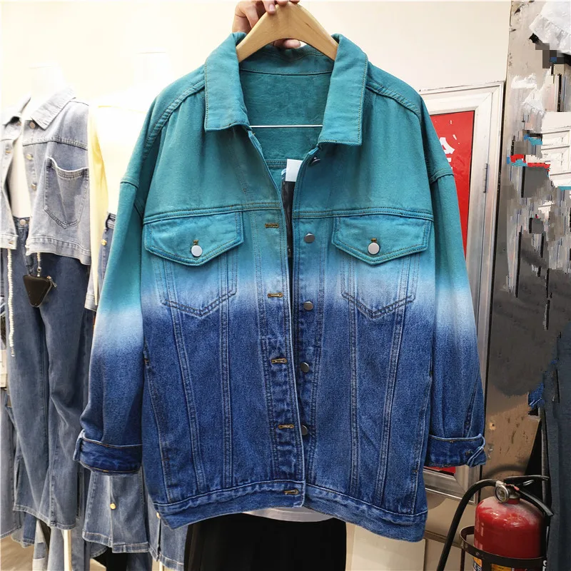 

Harajuku Tie-dye Gradient Denim Jacket Casual Jaqueta Feminina Loose Single-breasted Long Sleeve Jeans Jacket Female Basic Coat