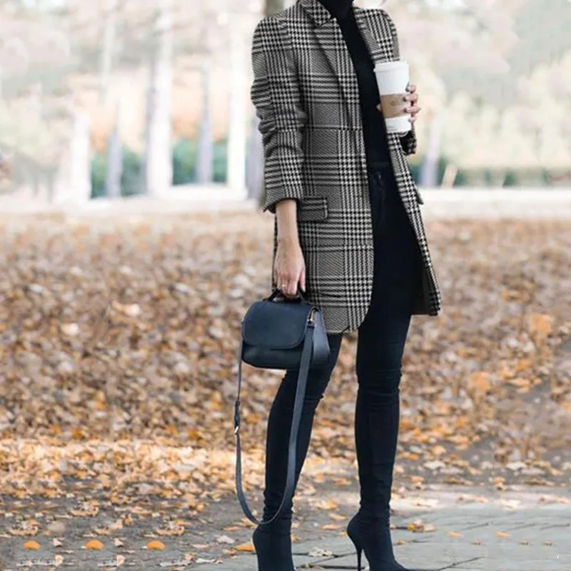 Женский осенне зимний Блейзер модное пальто с отложным воротником и клетчатым
