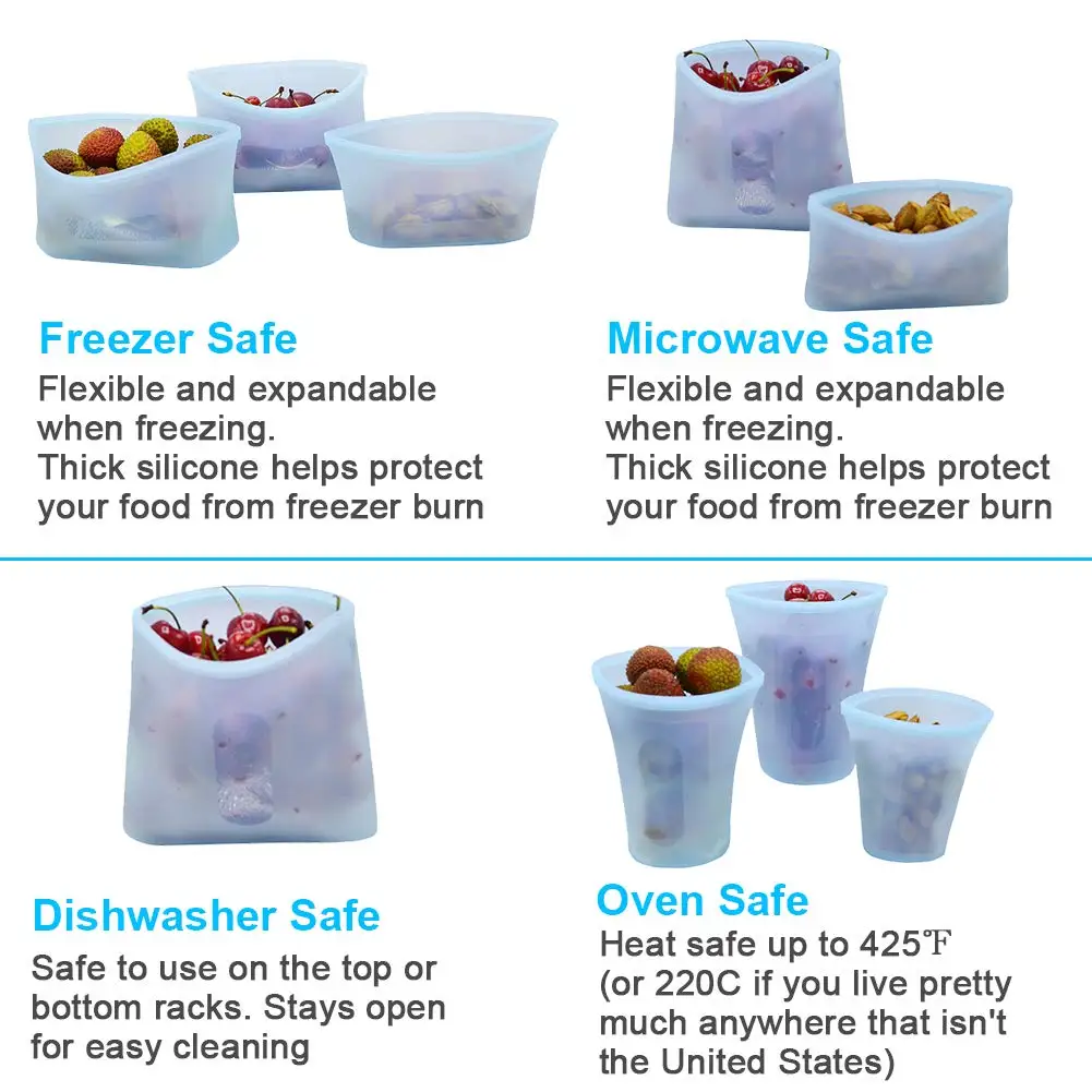 8pcs Reusable Silicone Food Bag Ziplock Wrap Bags Storage Containers Set Freezer Seal Fruit Packing Kitchen Organizer