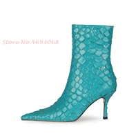 women sequin fish scale ankle boots outfit pointed toe side zipper super high heel green bling chic fashion booties runway shoes
