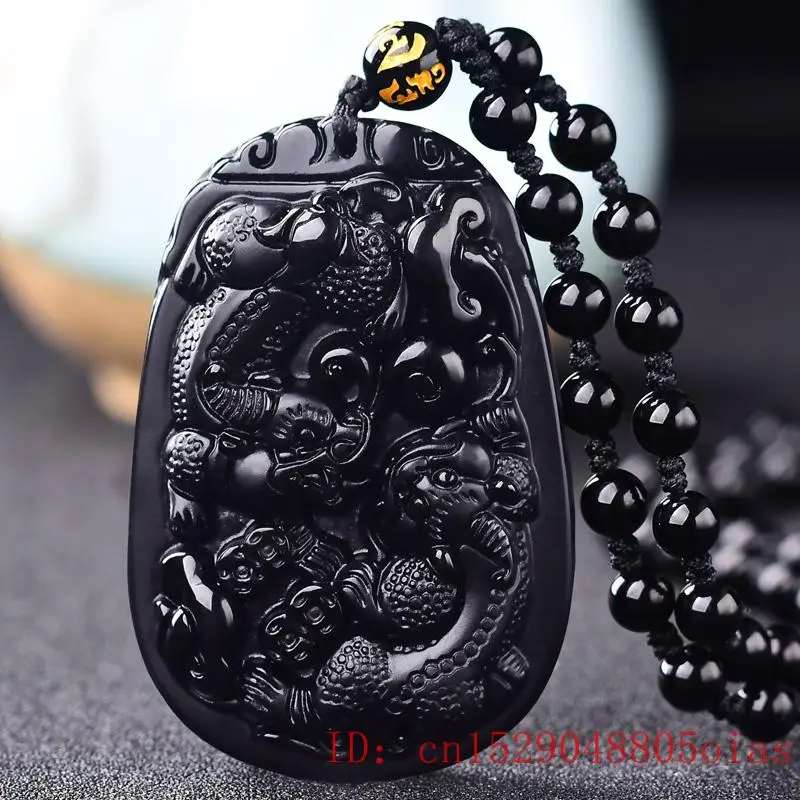 

Natural Black Obsidian Beads Necklace Hand-Carved Dragon Jade Pendant Fashion Charm Jewellery Amulet for Man Women Gifts Jewelry