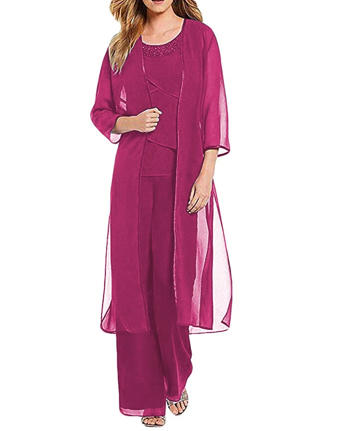 fuchsia Женский комплект из 3 предметов, шифоновое платье для матери невесты, брюки, костюм с курткой, наряд с рукавами 3/4 для свадьбы - Цвет: fuchsia